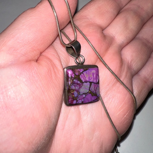 Purple Stone Pendant Necklace – Silver Chain – Unique Marbled Look - Picture 6 of 7